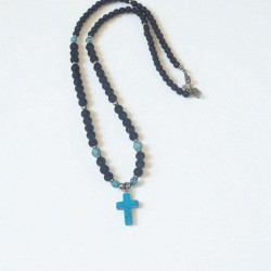 Κολιέ Ανδρικό με σταυρό χαολίτη και πέτρες τυρκουαζ και μαύρες