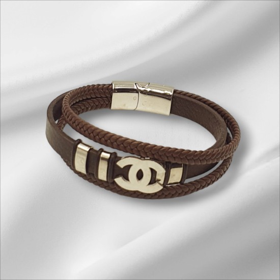Βραχιόλι  τριπλό ανδρικό "Chanel" δερμάτινο με ατσάλι