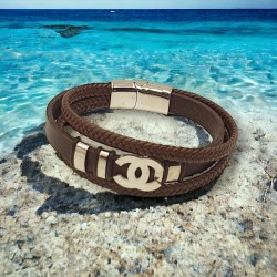 Βραχιόλι  τριπλό ανδρικό "Chanel" δερμάτινο με ατσάλι