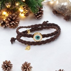 Diaxeirinis Βραχιόλι γούρι μάτι με διπλό δέρμα σε καφέ χρώμα & γουράκι "25"