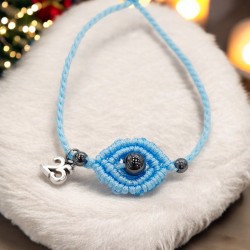 Diaxeirinis Βραχιόλι γούρι μάτι με αιματίτη σε χρώμα  baby blue με πλέξη μακραμέ και γουράκι "25"