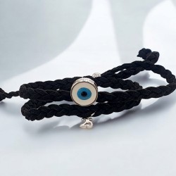 Diaxeirinis Βραχιόλι γούρι 2025 με μάτι μπλε διπλό με δέρμα κοτσίδα και αυξομείωση στο κούμπωμα 