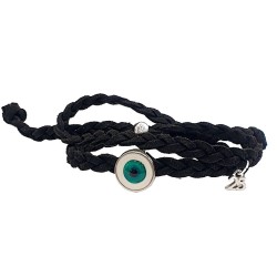 Diaxeirinis Βραχιόλι γούρι 2025 με μάτι πράσινο διπλό με δέρμα κοτσίδα και αυξομείωση στο κούμπωμα 