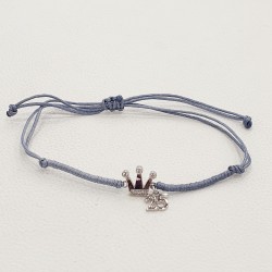 Diaxeirinis Βραχιόλι γούρι 25 με στοιχείο κορώνα ασημένια 925 με γκρι κορδόνι με ιδιαίτερο δέσιμο 