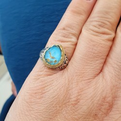 Δαχτυλίδι βυζαντινό χειροποίητο με ημιπολύτιμη πέτρα απατιτης douple ασημένιο 925 και σημεία επιχρυσωμένα 