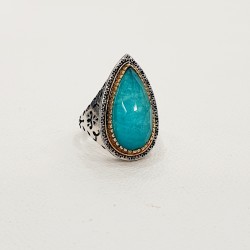 Δαχτυλίδι βυζαντινό χειροποίητο με ημιπολύτιμη πέτρα απατιτης douple ασημένιο 925 και σημεία επιχρυσωμένα 