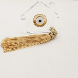 Διακοσμητικό γούρι σπίτι plexiglass διαφανές με χρυσό και λευκό μάτι και φούντα χρυσή