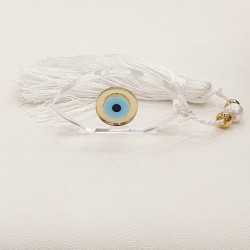 Διακοσμητικό γούρι μάτι plexiglass διαφανές με χρυσό και γαλάζιο μάτι και φούντα λευκή 