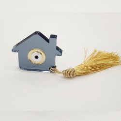 Διακοσμητικό γούρι σπίτι plexiglass διαφανές γκρι με χρυσό και λευκό μάτι και φούντα χρυσή 