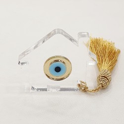 Διακοσμητικό γούρι σπίτι plexiglass διαφανές με χρυσό και γαλαζιο μάτι και φούντα χρυσή 