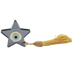 Διακοσμητικό γούρι αστέρι plexiglass διαφανές γκρι με χρυσό και γαλάζιο μάτι και φούντα χρυσή 