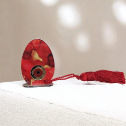 Διακοσμητικό αυγό σε αποχρώσεις του κόκκινου, με μάτι και ευχές "ευτυχία,τύχη,υγεία,αγαπη"