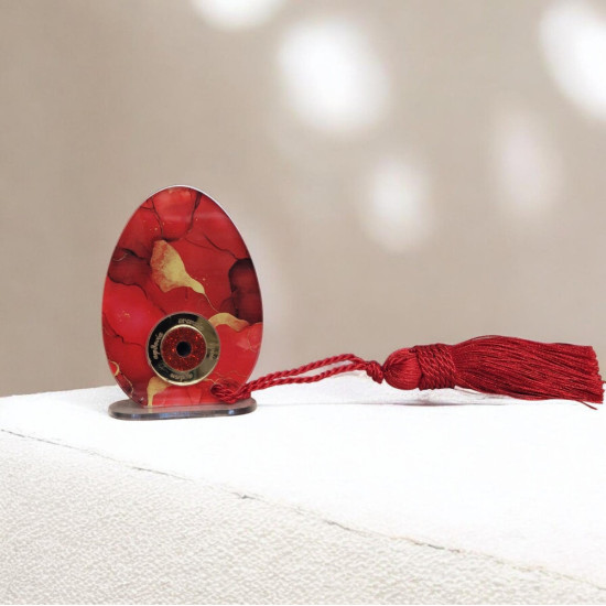 Διακοσμητικό αυγό σε αποχρώσεις του κόκκινου, με μάτι και ευχές "ευτυχία,τύχη,υγεία,αγαπη"