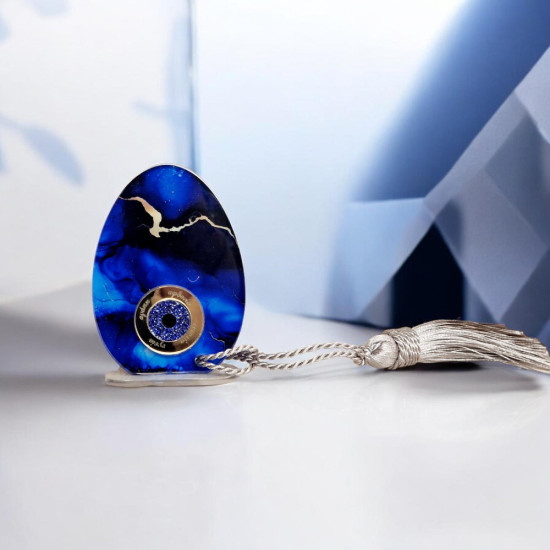 Διακοσμητικό αυγό σε αποχρώσεις του μπλε, με μάτι και ευχές "ευτυχία,τύχη,υγεία,αγαπη" 