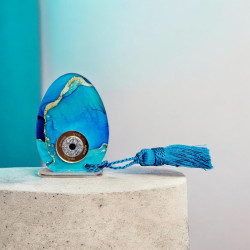 Διακοσμητικό αυγό σε αποχρώσεις του τυρκουάζ, με μάτι και ευχές "ευτυχία,τύχη,υγεία,αγαπη" 