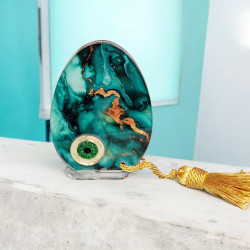 Διακοσμητικό αυγό σε αποχρώσεις του πράσινου, με μάτι και ευχές "ευτυχία,τύχη,υγεία,αγαπη" 