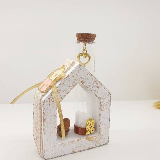 Διακοσμητικό γούρι 2026 σπίτι κεραμικό  λευκό με νότες χρυσού