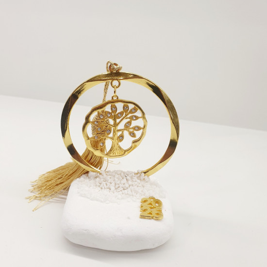 Διακοσμητικό γούρι 2026 δέντρο της ζωής με πλαίσιο κύκλος χρώμα χρυσό σε λευκή πέτρα με χρυσή φούντα