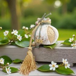 Διακοσμητικό γούρι 2026 ρόδι κεραμικό  λευκό με νότες χρυσού