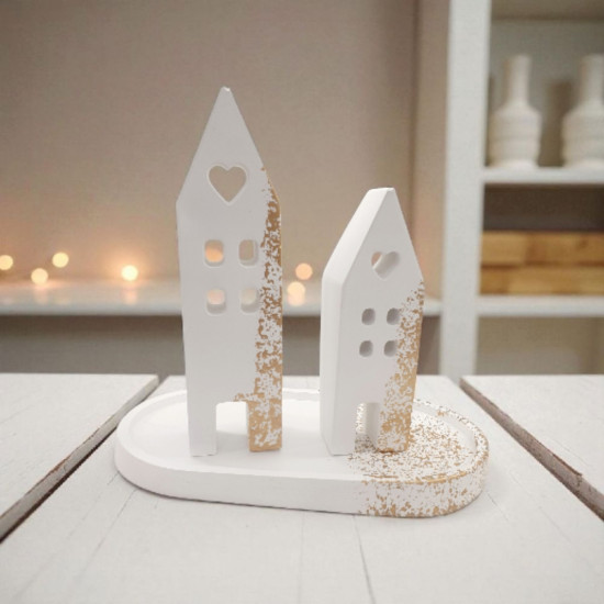 Διακοσμητικό γούρι 2026 σετ σπιτάκια κεραμικό με πιατέλα  λευκό με νότες χρυσού