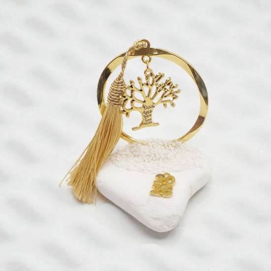 Διακοσμητικό γούρι 2026 δέντρο της ζωής με ευχές στον κορμό με πλαίσιο κύκλος σε χρώμα χρυσό σε λευκή πέτρα με χρυσή φούντα