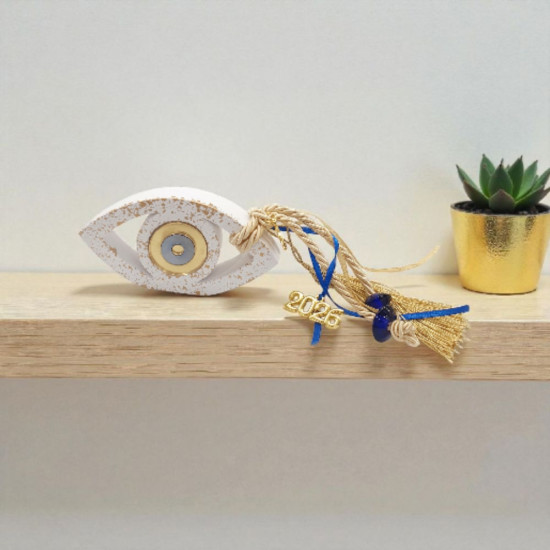 Διακοσμητικό γούρι 2026 μάτι κεραμικό  λευκό με νότες χρυσού