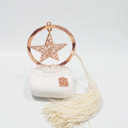 Διακοσμητικό γούρι 2026 αστέρι με πλαίσιο κύκλος ροζ χρυσό σε λευκή πέτρα με μπεζ φούντα