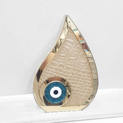 Διακοσμητικό γούρι 2026 σταγόνα με περίγραμμα χρυσό και φόντο από δέρμα λεοπάρ σε χρώμα μπεζ και μάτι πετρόλ 