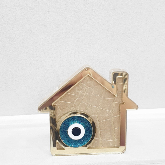 Διακοσμητικό γούρι 2026 σπίτι με περίγραμμα χρυσό και φόντο από δέρμα λεοπάρ σε χρώμα μπεζ και μάτι πετρόλ