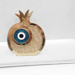 Διακοσμητικό γούρι 2026 ρόδι με περίγραμμα χρυσό και φόντο από δέρμα λεοπάρ σε χρώμα μπεζ και μάτι πετρόλ