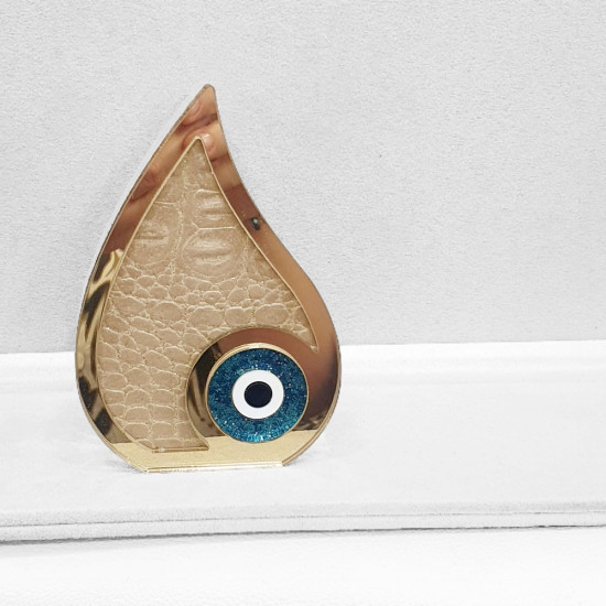 Διακοσμητικό γούρι 2026 σταγόνα με περίγραμμα χρυσό και φόντο από δέρμα λεοπάρ σε χρώμα μπεζ και μάτι πετρόλ