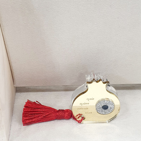 Γούρι διακοσμητικό ρόδι με ευχές αγάπη,υγεία,ευτυχία,τύχη από plexiglass καθρέπτης με μάτι