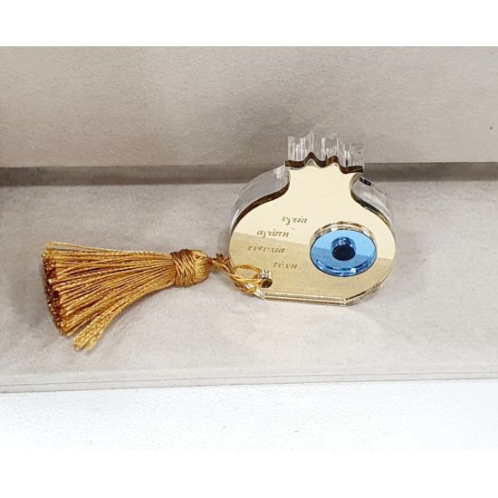 Γούρι διακοσμητικό ρόδι με ευχές αγάπη,υγεία,ευτυχία,τύχη από plexiglass καθρέπτης με μάτι