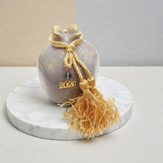 Διακοσμητικό γούρι ρόδι γκρι επικαθήμενο με φύλλα χρυσού 