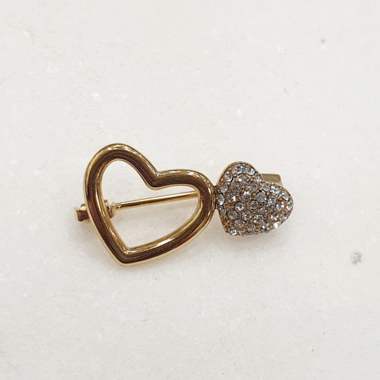 Καρφίτσα  διπλές καρδιές σε χρυσό χρώμα από ατσάλι 316L με ζιργκόν