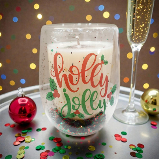 Ποτήρι Κερί  Χριστουγεννιάτικο χειροποίητο από φυτική σόγια με άρωμα μελομακάρονο και glitter στην κίνηση του ποτηριού 