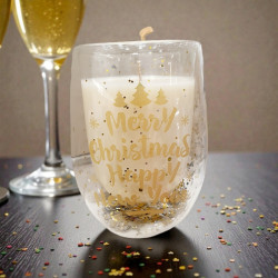 Ποτήρι Κερί  Χριστουγεννιάτικο χειροποίητο από φυτική σόγια με άρωμα μελομακάρονο και glitter στην κίνηση του ποτηριού