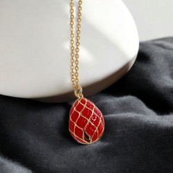 Κολιέ Αυγό βυζαντινό κόκκινο με μακριά αλυσίδα ατσάλινη L316  σε χρυσό χρώμα