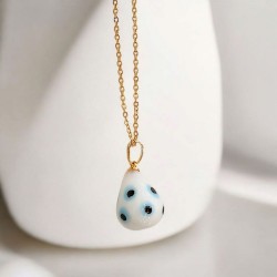 Κολιέ Αυγό βυζαντινό λευκό με ματάκια με μακριά αλυσίδα ατσάλινη L316  σε χρυσό χρώμα
