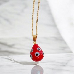 Κολιέ Αυγό βυζαντινό κόκκινο με ματάκια με μακριά αλυσίδα ατσάλινη L316  σε χρυσό χρώμα