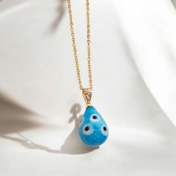 Κολιέ Αυγό βυζαντινό γαλάζιο με ματάκια με μακριά αλυσίδα ατσάλινη L316  σε χρυσό χρώμα
