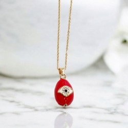 Κολιέ Αυγό βυζαντινό κόκκινο  με μάτι με μακριά αλυσίδα ατσάλινη L316  σε χρυσό χρώμα
