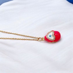 Κολιέ Αυγό βυζαντινό κόκκινο με καρδιά με μάτι και μακριά αλυσίδα ατσάλινη L316 σε χρυσό χρώμα