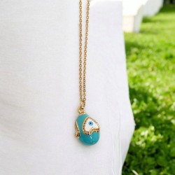 Κολιέ Αυγό βυζαντινό τυρκουάζ με καρδιά με μάτι και μακριά αλυσίδα ατσάλινη L316 σε χρυσό χρώμα