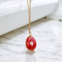 Κολιέ Αυγό κόκκινο με μάτι και μακριά αλυσίδα ατσάλινη L316 σε χρυσό χρώμα