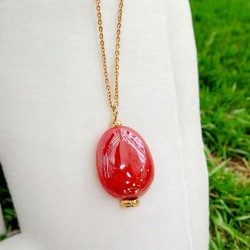 Κολιέ Αυγό κόκκινο και μακριά αλυσίδα ατσάλινη L316 σε χρυσό χρώμα