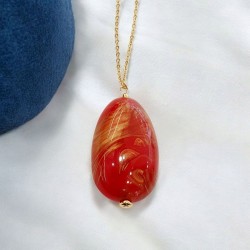 Κολιέ Αυγό κόκκινο με χρυσό με μακριά αλυσίδα ατσάλινη L316  σε χρυσό χρώμα