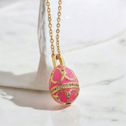 Κολιέ Αυγό βυζαντινό ροζ με μακριά αλυσίδα ατσάλινη L316  σε χρυσό χρώμα