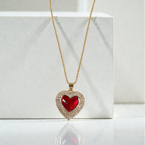 Diaxeirinis "Be My Valentine" Κολιέ καρδιά μενταγιόν με πέτρα κόκκινο βαθύ με ατσάλινη αλυσίδα L316 σε χρώμα χρυσό