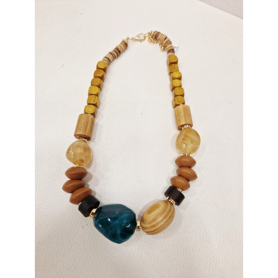 Κολιέ Boho με χάνδρες ξύλινες και πέτρες ημιπολύτιμες σε γήινες αποχρώσεις 
